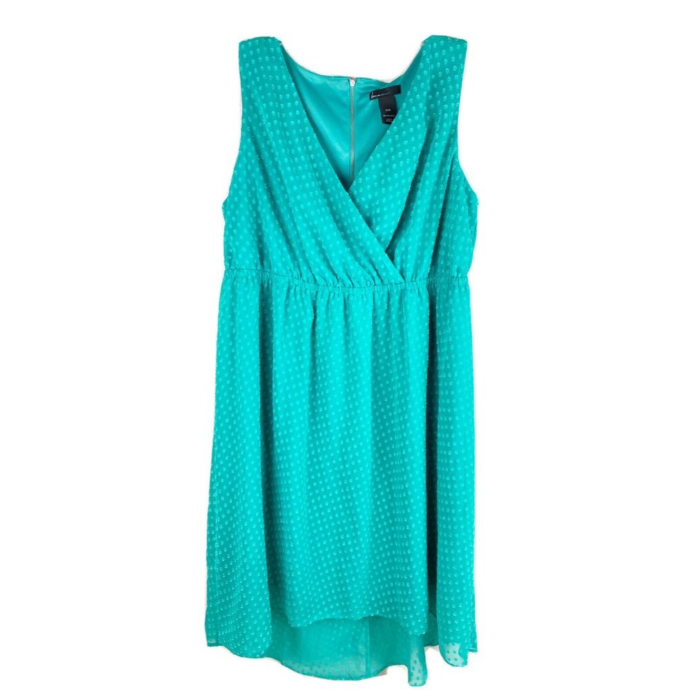 Lane Bryant 14/16 High Low Sheer Lined blue/Green Dot Dress 38”L EUC